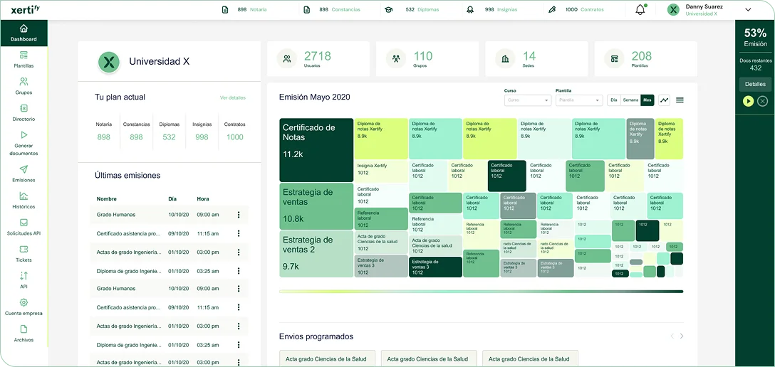 Generador de credenciales: diseño y emisión masiva de diplomas verificables.