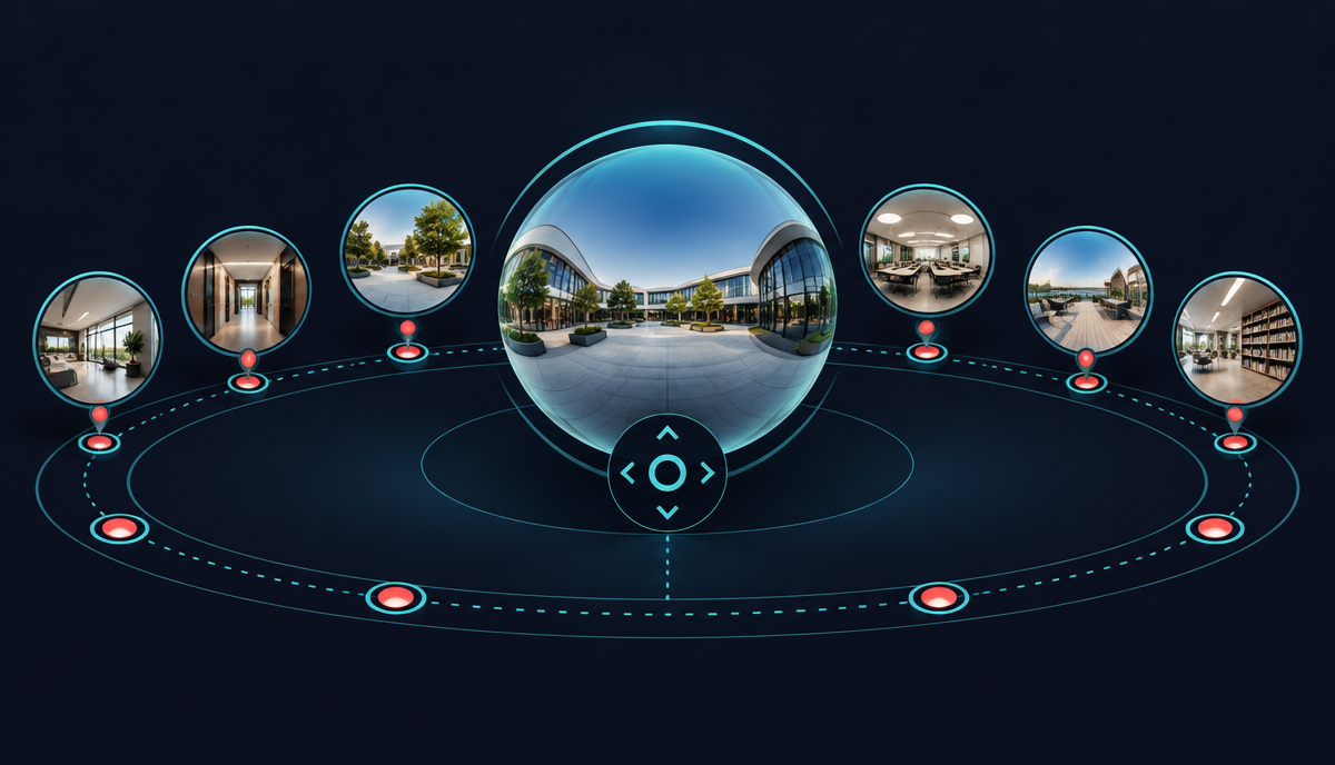 Recorrido virtual con escenas, puntos interactivos, preguntas y seguimiento